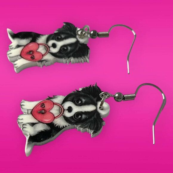 Adorable Heart Border Collie Dog Acrylic Dangle Earrings - Valentine's Day Gift - Picture 2 of 4